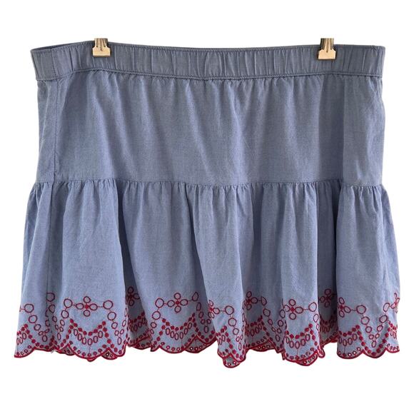 Vineyard Vines Chambray Flounce Skirt sz L Red Eyelet Scallop Hem Coastal Preppy - Picture 2 of 7